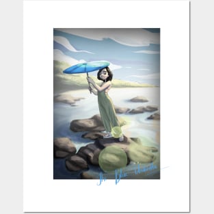 the girl with blue umbrella Posters and Art